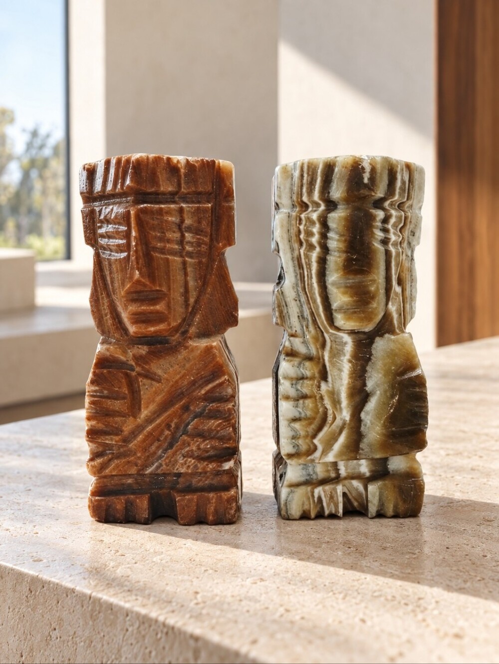 Vintage Mexican Onyx Mesoamerican Figural Bookends Hand Carved Mid Century